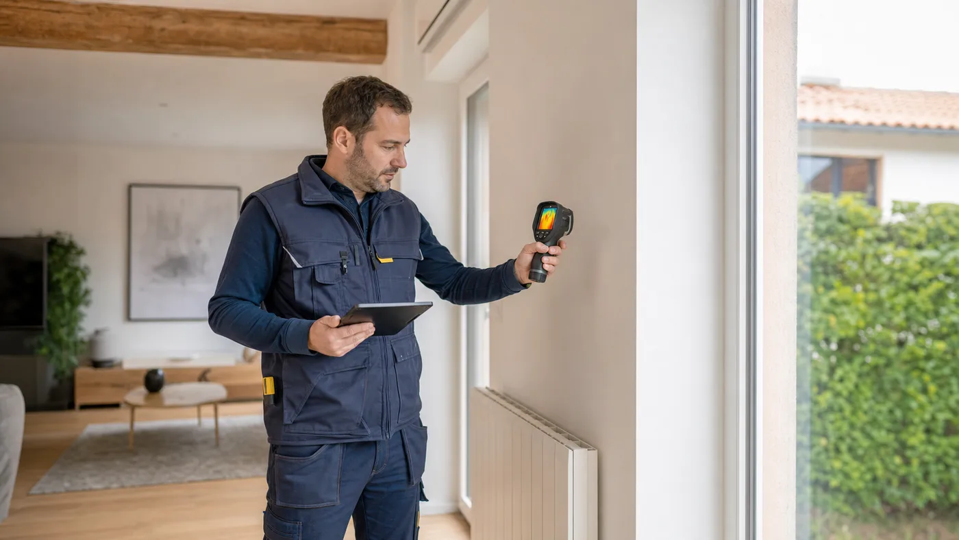 Technicien réalisant un diagnostic énergétique dans une maison
