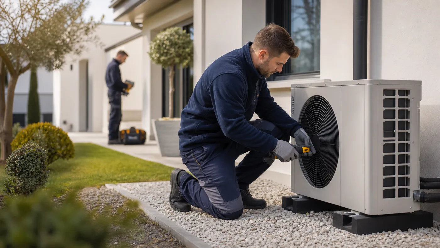 Installateur contrôlant une pompe à chaleur extérieure