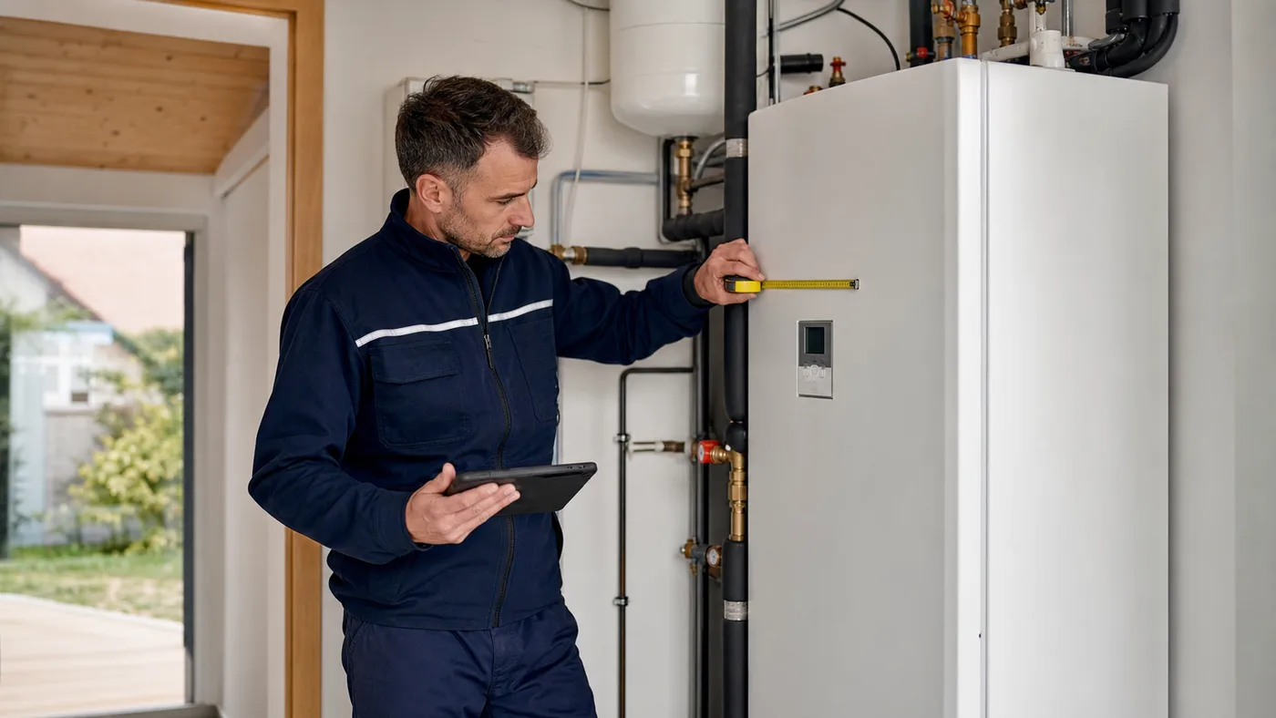 Technicien validant les mesures d’une installation de chauffage